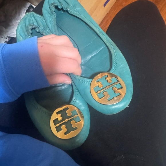 Tory Burch Shoes - Tory Burch Blue and Gold Slippers with Signature Medallion
